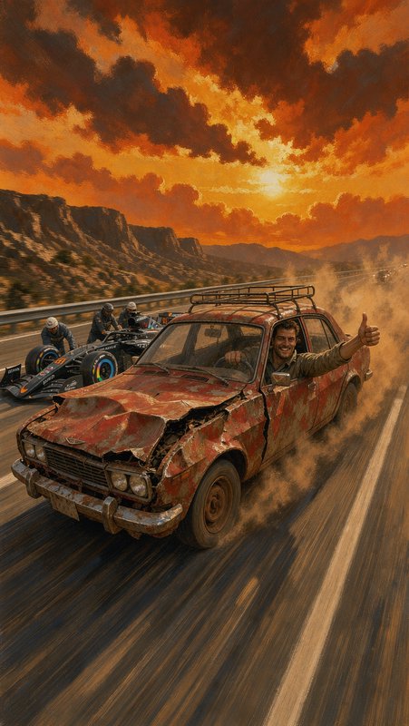 Grinning man gives a thumbs up driving a beat-up rusty sedan past an F1 car on a desert highway at sunset