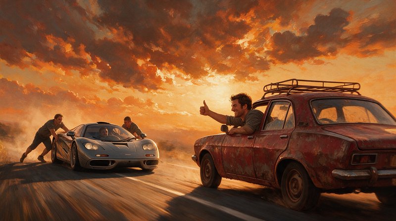 Driver in a rusty old sedan gives a thumbs up to people pushing a stalled supercar at golden sunset