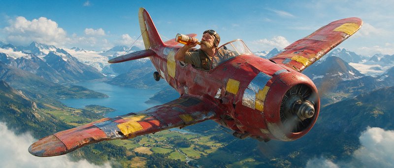 Mustached pilot drinks from a bottle while flying a patched vintage prop plane above alpine mount...