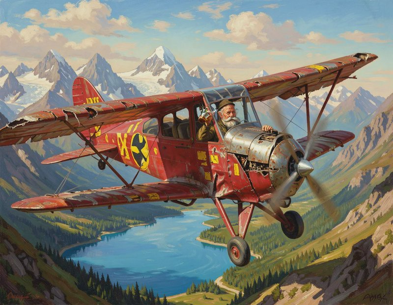 Elderly bearded pilot flies a tattered red vintage biplane over a scenic alpine mountain lake valley