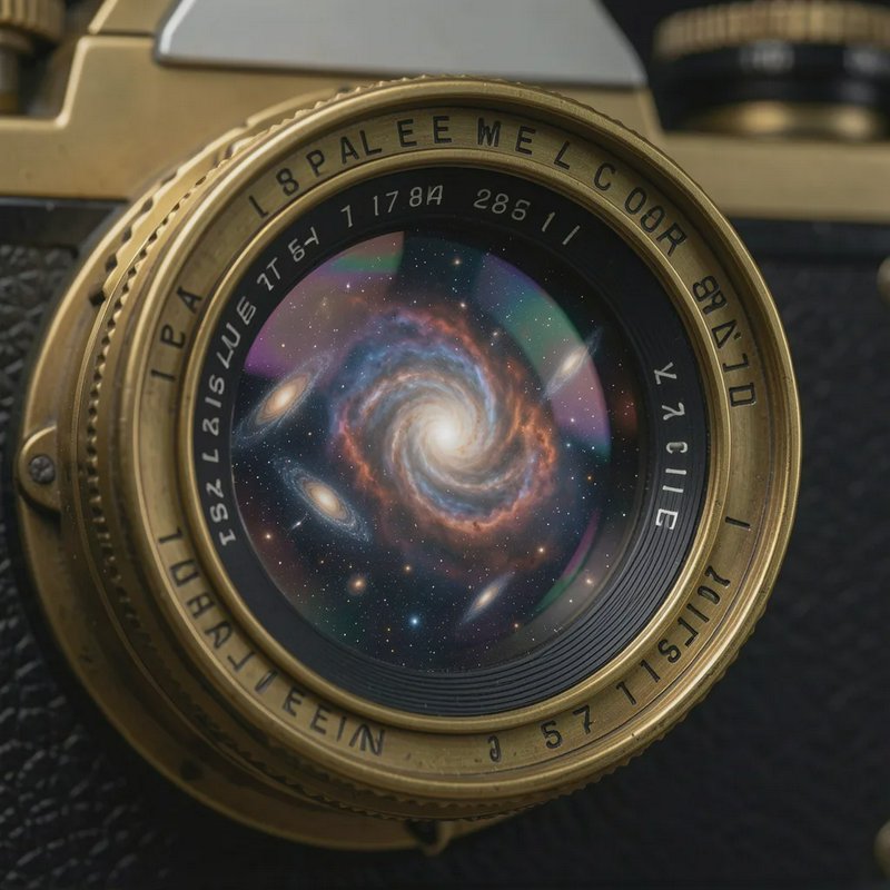 Close up of a vintage brass camera lens with a swirling spiral galaxy visible through its glass
