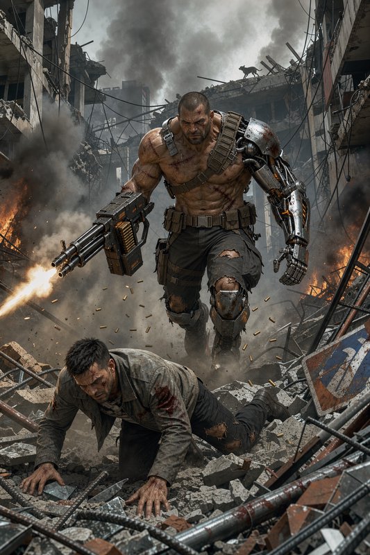 Cyborg commando firing a heavy weapon advances through burning city ruins past an injured crawlin...