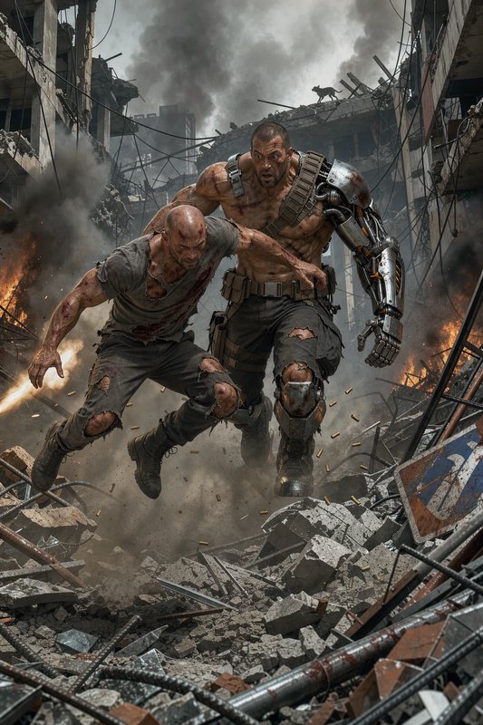 Cyborg combat soldier rescues wounded comrade leaping through burning war-torn city rubble