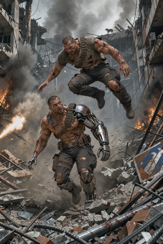 Two muscular cybernetic soldiers move through burning city rubble, one leaping above the other mi...