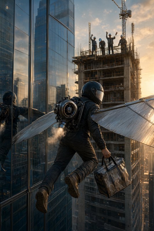 Winged jetpack pilot carries a delivery bag past a skyscraper as construction workers wave at gol...