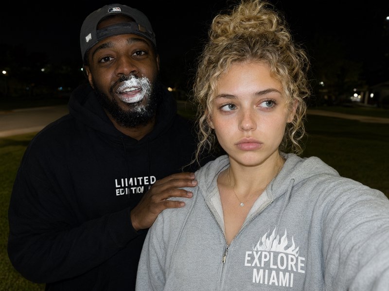 Young woman takes a night outdoor selfie with a man who has white cream smeared on his face behin...