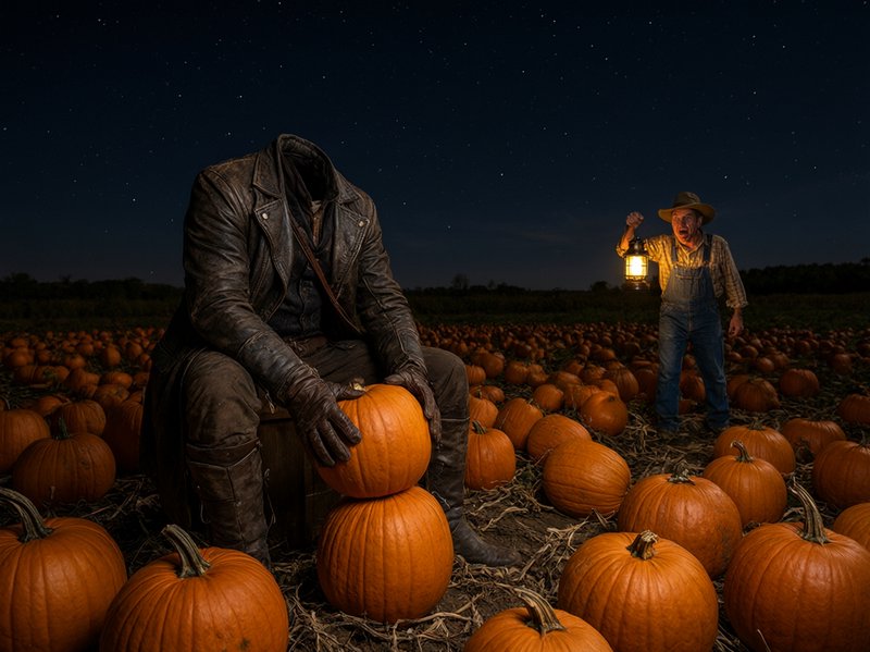 Headless figure holds stacked pumpkins in a night pumpkin patch as a shocked farmer approaches wi...