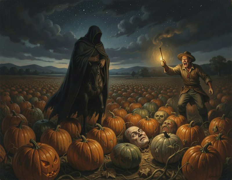 Faceless hooded horseman confronts a panicked farmer in a haunted Halloween pumpkin patch at night