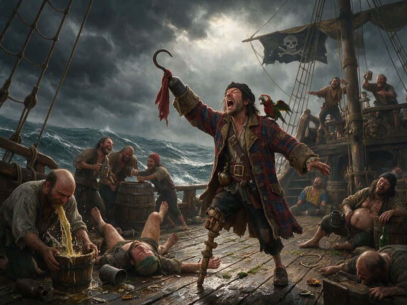 Drunken pirate crew carouses on a storm-tossed galleon deck as a hook-handed captain cheers with ...