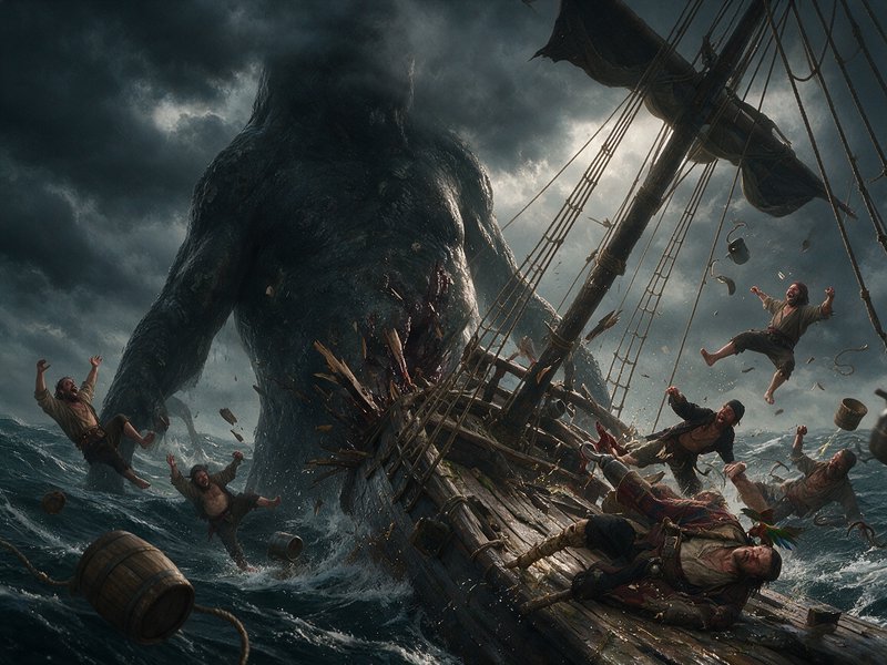 Colossal sea giant smashes a wooden pirate ship, throwing panicked crew into storm tossed waves