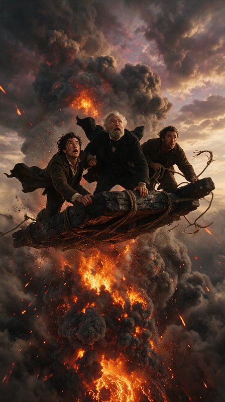 Three panicked men cling to a charred wooden beam flying above a massive fiery volcanic eruption