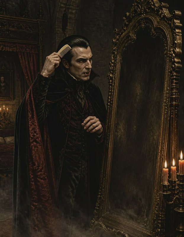 Count Dracula combs his hair while standing before a fogged non-reflective gilded mirror in a dim...