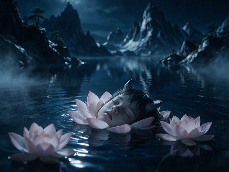 Horned mythical child floats surrounded by pink lotuses on a misty moonlit mountain lake