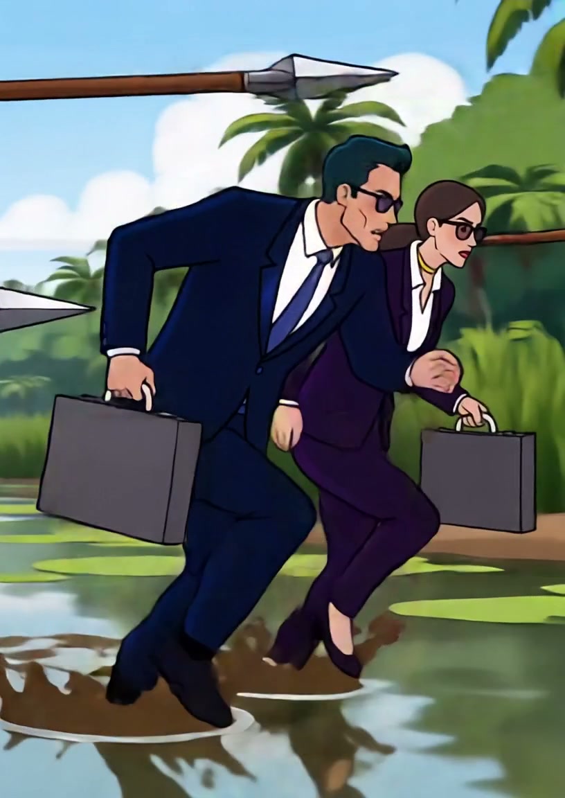 Animated business couple carrying briefcases run through a jungle swamp dodging flying spears.