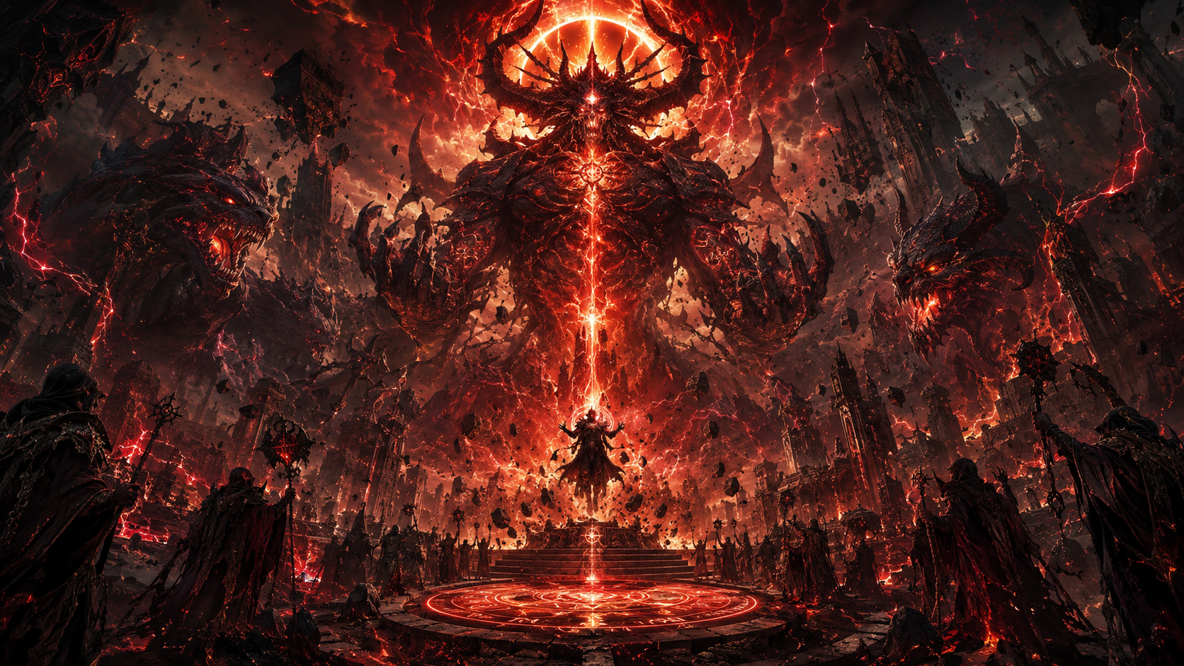 Fiery demon lord towering over a luminous ritual circle in a volcanic, hellish throne room.