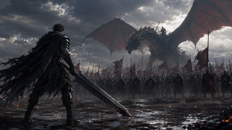 Armored warrior with a massive sword confronts a colossal dragon amid a battlefield of marching s...