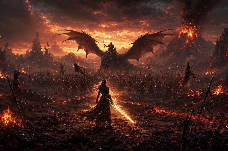 Dark fantasy battle scene with a armored warrior wielding a glowing sword facing a dragon amid la...