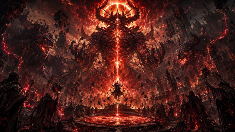 Fiery demon lord towering over a luminous ritual circle in a volcanic, hellish throne room.