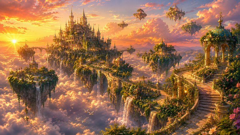 Fantasy floating city on cliff arches above golden clouds with waterfalls at sunset