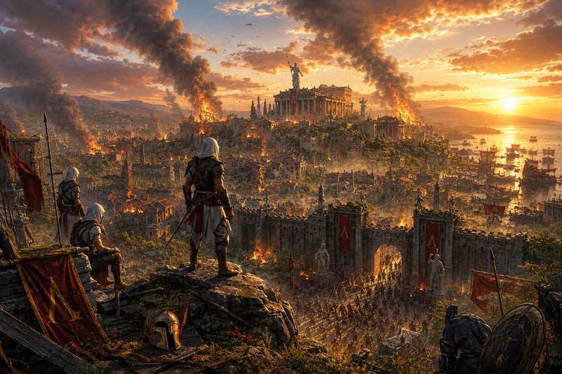 Epic medieval fantasy siege over a burning ancient city at sunset with armored warriors overlooking the fortress.