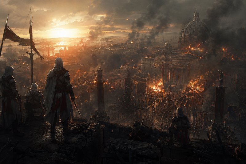 Hooded robed assassins stand on a rooftop overlooking a burning, besieged ancient city at golden ...