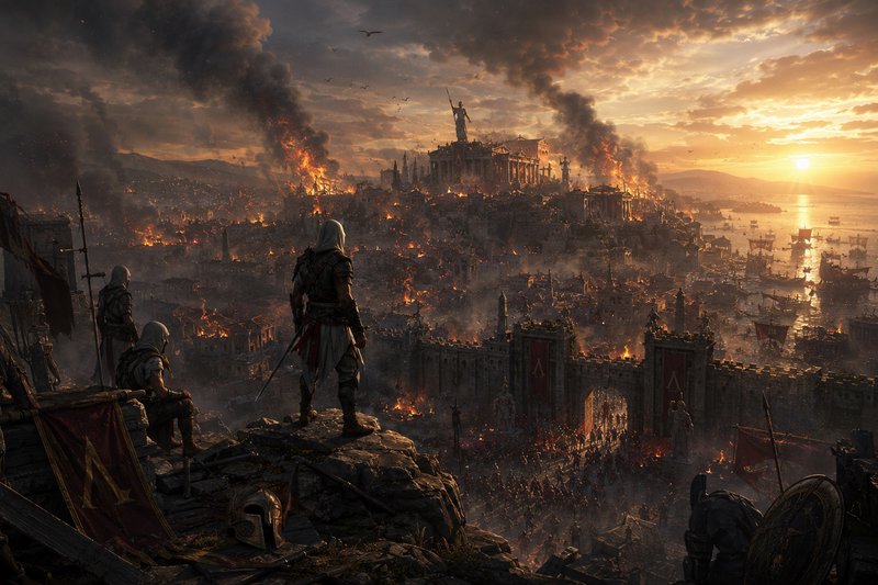 Hooded warrior assassins stand on a cliff overlooking a burning besieged ancient Mediterranean ci...