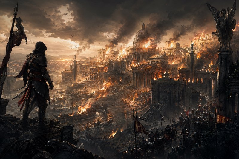Hooded blade-wielding assassin overlooks a burning besieged ancient classical city during a massi...