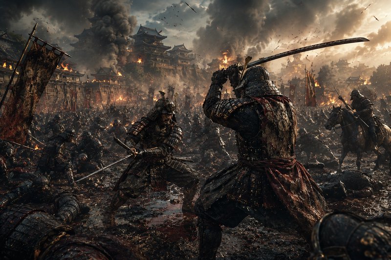 Two armored samurai duel on a muddy battlefield during a chaotic siege of a burning feudal Japane...