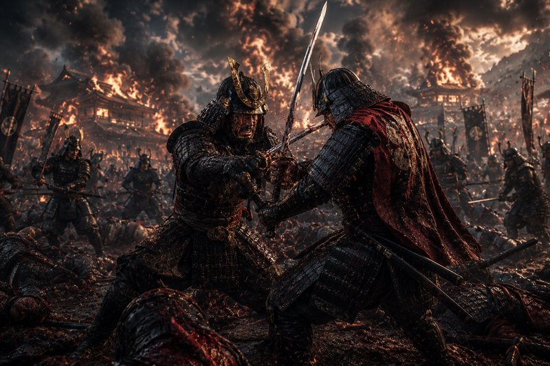 Two armored samurai clash katanas mid-combat on a burning, war-torn medieval Japanese battlefield.