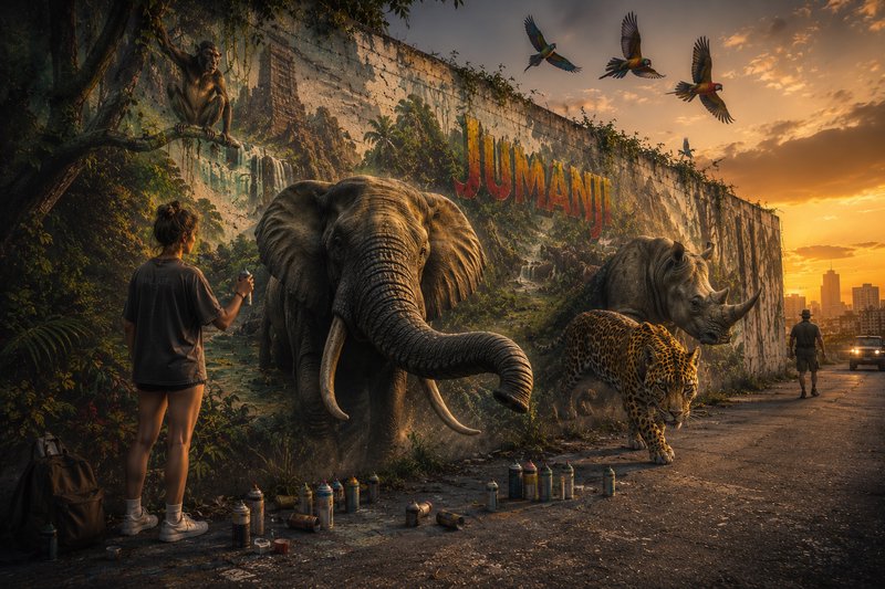 Street artist paints a Jumanji mural where photorealistic jungle animals emerge from a wall at go...