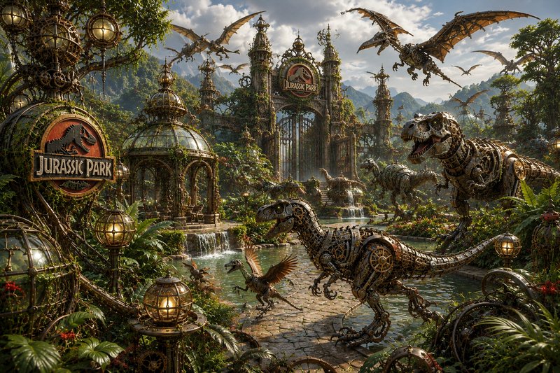 Steampunk Jurassic Park entrance with intricate mechanical robotic dinosaurs, overgrown jungle, a...