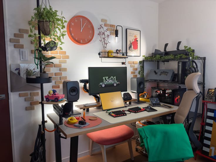 Cozy personalized home office gaming desk setup with houseplants, orange wall clock, mechanical k...