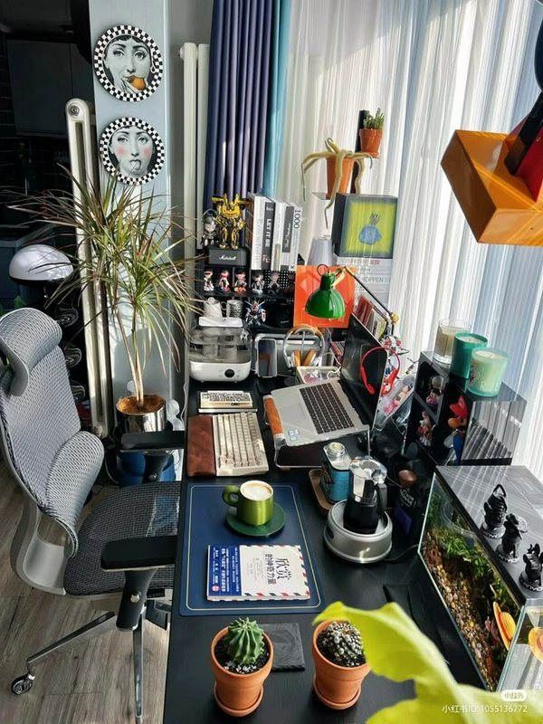 Sunlit eclectic maximalist home office desk with plants, tech, collectibles, decor, and adjacent ...