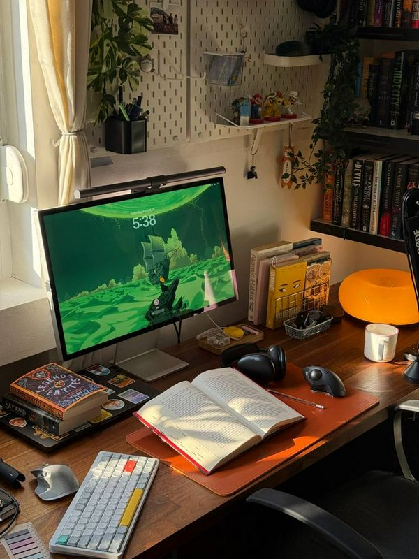 Sunlit cozy home office desk setup with gaming monitor, open book, houseplants, and organized peg...