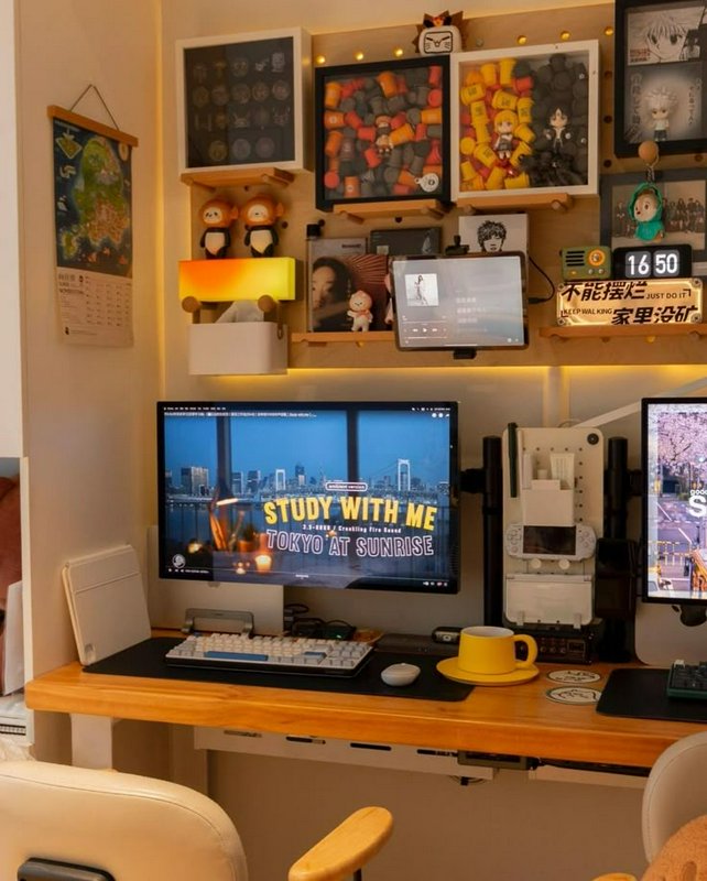 Cozy warm aesthetic home desk setup with anime collectibles, a study stream on the monitor, and w...