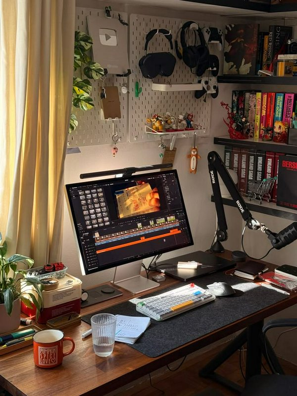 Cozy sunlit content creator home desk, monitor running video editing timeline, organized pegboard...