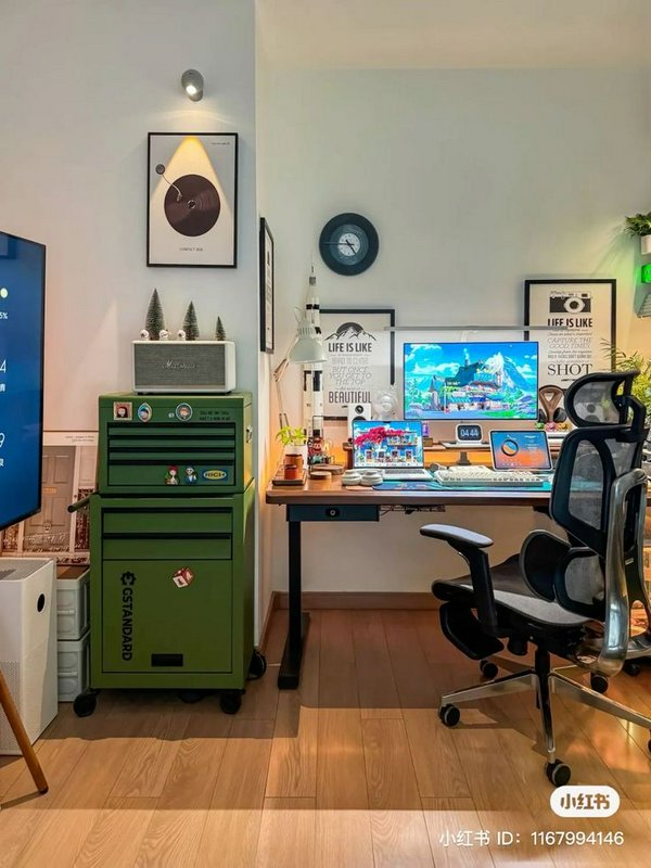 Organized cozy home office gaming setup with wooden desk, ergonomic chair, green storage cabinet,...