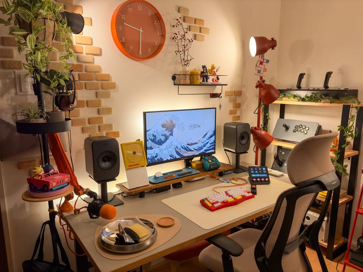 Cozy warm-toned home gaming desk setup with monitor, mechanical keyboard, plants, and soft ambien...