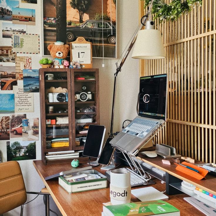 Cozy curated home office desk setup with ergonomic tech, vintage decor and warm wooden furnishings