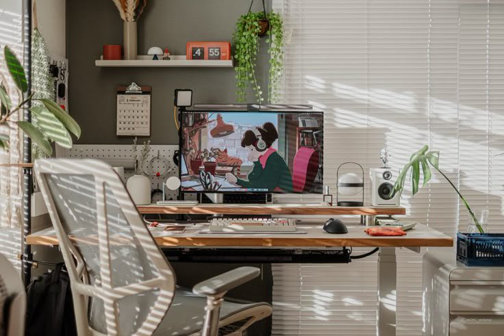 Sunlit cozy standing desk home office with lofi animation on the monitor, surrounded by warm deco...