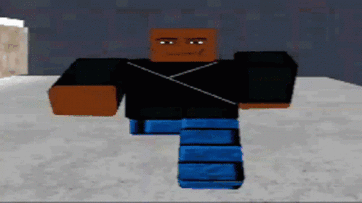 Low-poly Roblox-style character with brown head, black shirt, and blue pants standing on a gray ground.