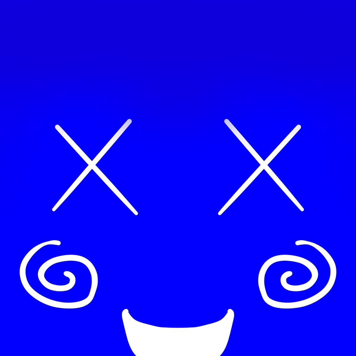 Blue cartoon face with X eyes, spiraled cheeks, and a white smile