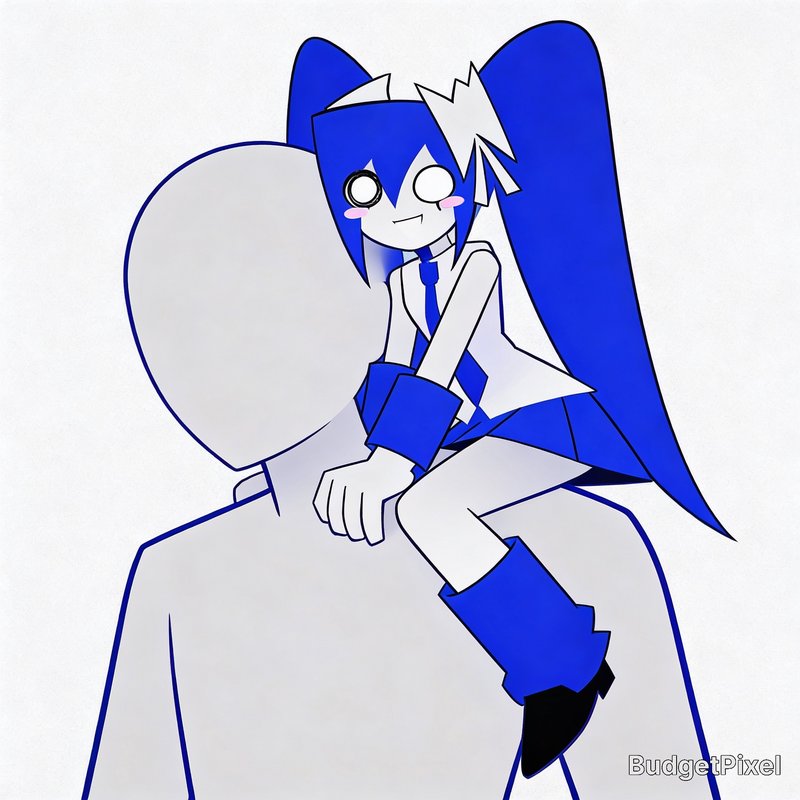 Blue-haired anime-style girl sits on a faceless figure's shoulders, smiling playfully.