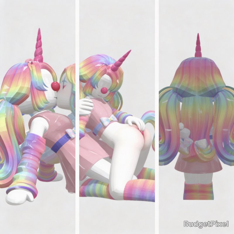 Three-panel image of a pastel rainbow-haired unicorn character in pink outfit sharing a kiss with...