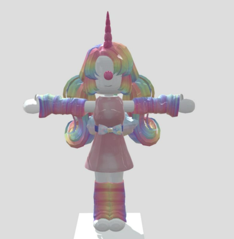 Rainbow-haired unicorn toy character in a pink dress with outstretched arms in a 3D model.