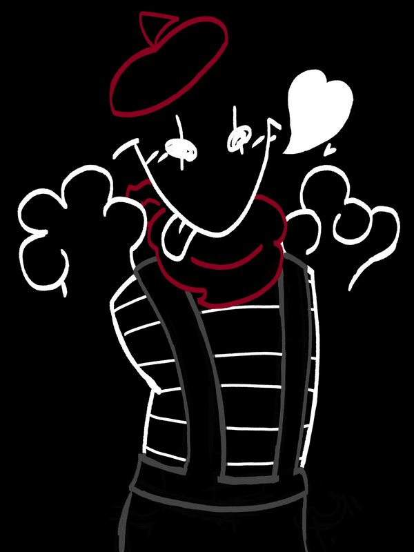 Cartoon mime wearing a beret with striped shirt, scarf, and suspenders on a black background.