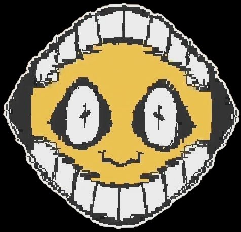 Pixel art sun emoji with a wide toothy grin and big eyes on a black background