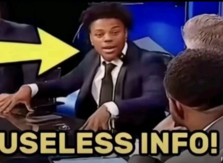 TV studio scene with a suited debater gesturing, bold "USELESS INFO!" caption in foreground.
