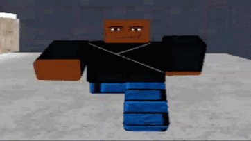 Low-poly Roblox-style character with brown head, black shirt, and blue pants standing on a gray g...