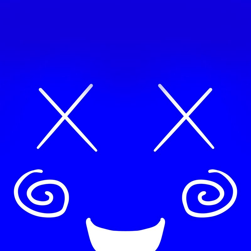 Blue cartoon face with X eyes, spiraled cheeks, and a white smile